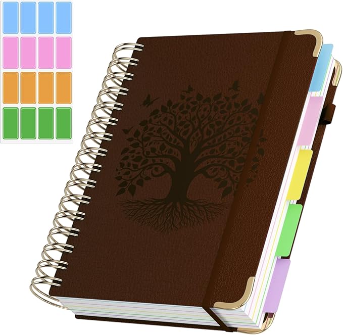 QIYVLOS Hardcover Spiral Notebook, A5 Journal with Removable Dividers Tabs, 5 Subject Notebook College Ruled, 320 Pages 6"x8" Leather Notebooks for Work School Study, Lined Journal for Women, Brown