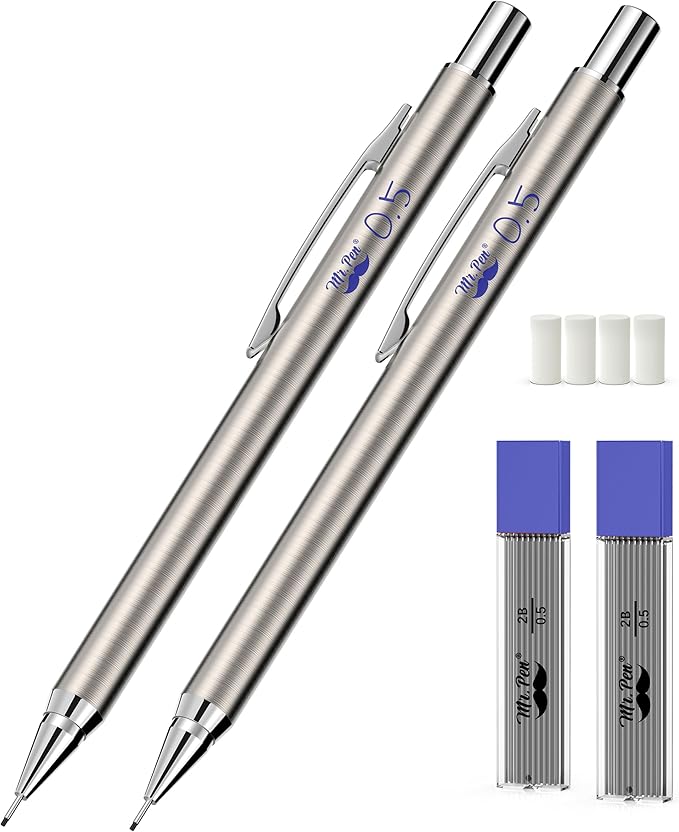 Mr. Pen- Metal Mechanical Pencil Set with Lead Refills & Erasers, 2 Pack, 0.5mm, 4x Tubes 2B Lead Refill, 4x Eraser Refills for School Supplies, Note Taking, Drawing, Sketching, Office