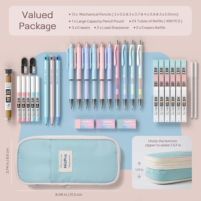 Nicpro 45PCS Mechanical Pencils with 462 Lead Refills (Blue) | 0.5mm-2.0mm Cute Mechanical Pencil Pet, School Supplies Stationary Set with Pencil Case for Girl Note-Taking & Back to School