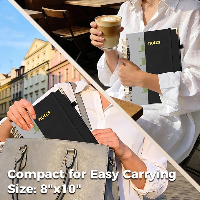 Line Hardcover Spiral Notebook with Removable Dividers Tabs & Ruler, 5 Subject Notebook College Ruled, 300 Page, Large 8"x10" B5 Notebooks for Work School, Lined Journal for Women & Men, Black