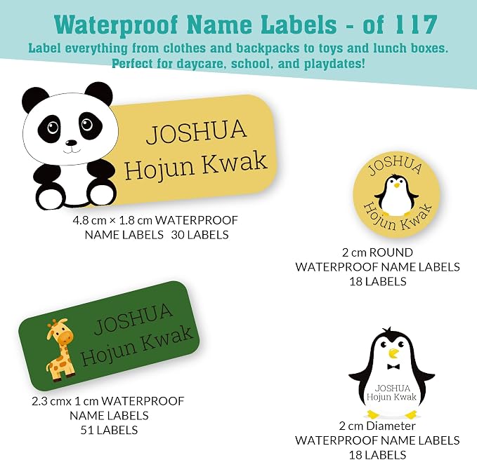 Personalized Daycare Name Labels for Kids (117 Labels) - Custom Durable Waterproof Name Stickers for Clothing Tags, Water Bottles, Lunch Boxes, and School Supplies - Dishwasher, Washer