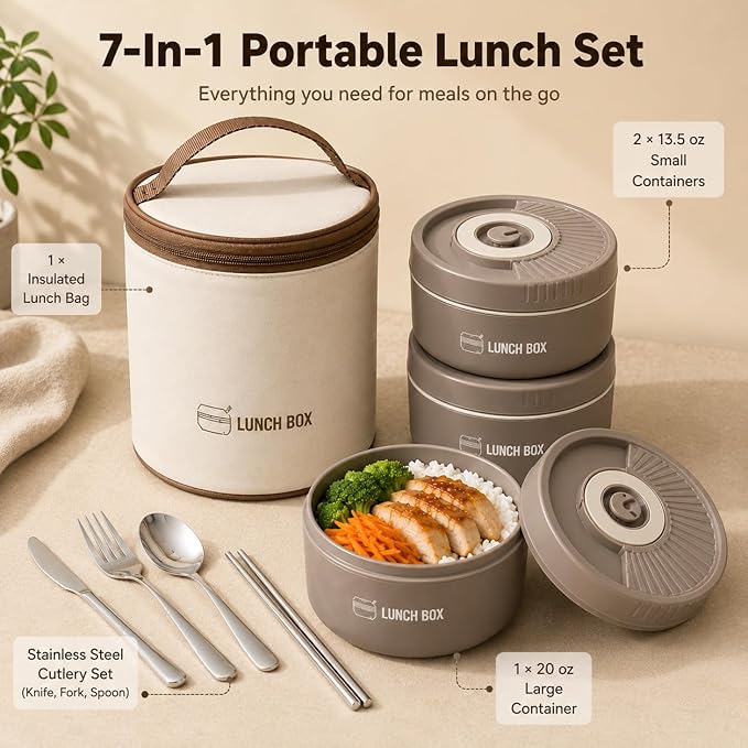 3 Pcs Insulated Lunch Box Set (47oz Total), Stackable Stainless Steel Thermal Food Container with Bag, Portable Bento Box for Hot Food, Leakproof Design with Knife, Fork & Spoon