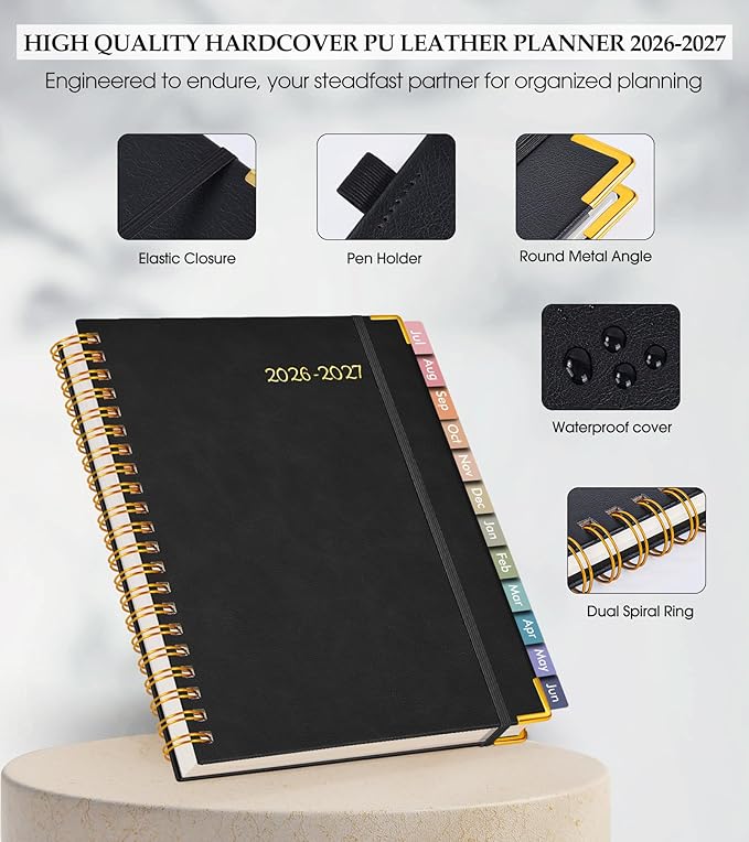 Academic Planner 2026-2027, Hardcover Leather Weekly and Monthly Calendar Planner from July 2026 - June 2027, A4 8.5" x 11" Daily Agenda with Tabs, College School Organizer for Student Teacher, Black