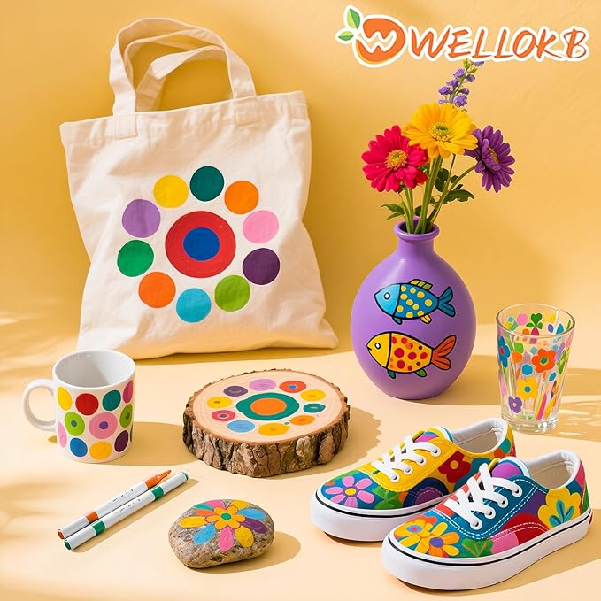 WELLOKB 80 Colors Dual Tip Acrylic Paint Markers, Fabric Markers, Brush Tip Permanent Acrylic Paint Pens for Wood, Glass, Rocks, Paper, Coloring book,Ceramic,DIY Crafts for Adults