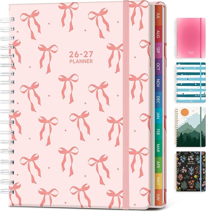 Planner 2026-2027 Monthly and Weekly Academic Planner July 2026 - June 2027, Hardcover Calendar 2026-2027 Agenda Daily Planner for Student Teacher School Office Supplies, 7.4" x 10.2", Pink Bow