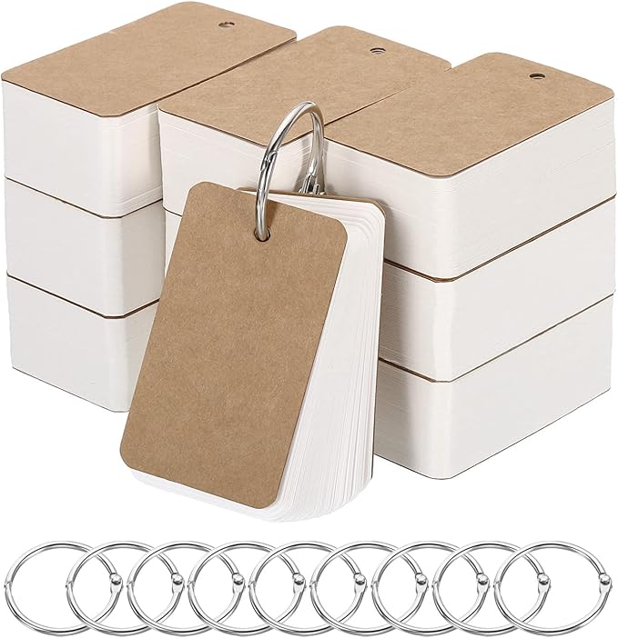 PATIKIL Blank Index Cards with Ring, 1000Pcs Blank Flash Card 2.8x1.6" Study Note Cardstock for Memory Learning Studying Office Supplies, Brown White