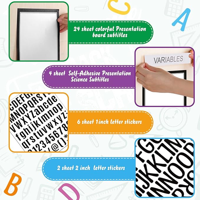 PerKoop 36 Sheets Science Fair Board Poster Boards Supplies 24 Self Adhesive Presentation Subtitles 4 Science Fair Project Titles 8 Personalized Letter Sticker for Classroom(Black)