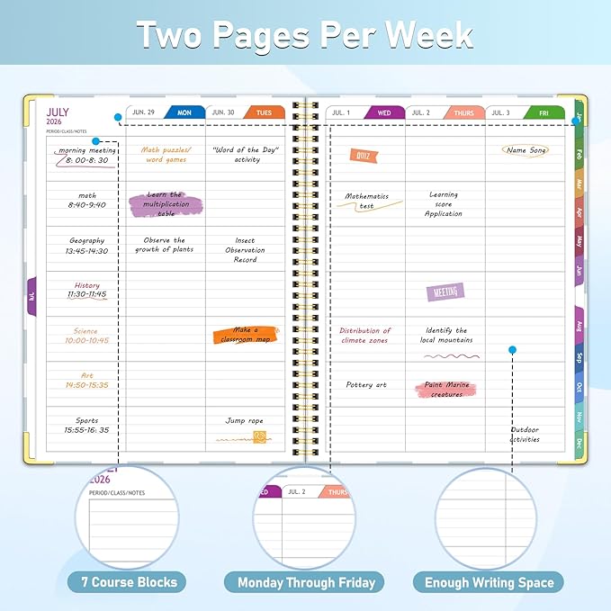 Teacher Planner 2026-2027, Jul 2026-Jun 2027 Academic Year, 8.5" x 11" Lesson Planner Book for Teacher Calendar, Spiral Bound Planners, Colorful Monthly Tabs, Planning Stickers, BlueCheckered