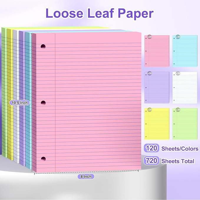 720 Sheets Loose Leaf Paper, 8x10.5 College Ruled, Notebook Paper for 3 Ring Binders, Colored Notebook, 3 Hole Punch Paper, 120 Sheets/Color