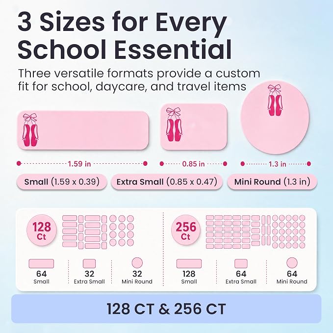 Label Daddy Personalized Name Labels for School, Ballet Design | Waterproof Name Tags for Kids, Washable Custom Daycare Labels, Clothing, Lunch Boxes, Water Bottles and More, 128 Ct & 256 Ct