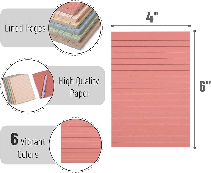 Mr. Pen- Lined Sticky Notes, 4" x 6", 6 Pads, 60 Sheets/Pad, Vintage Color, Sticky Notes with Lines, Ruled Post Stickies, Memo Pads, Self-Stick Note Pad for Office, School, Home, Study