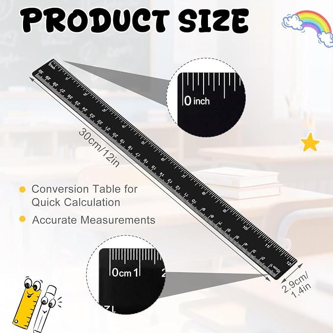 EBOOT 2 Pack Plastic Ruler Straight Clear Measuring Tool,Black,12 Inch