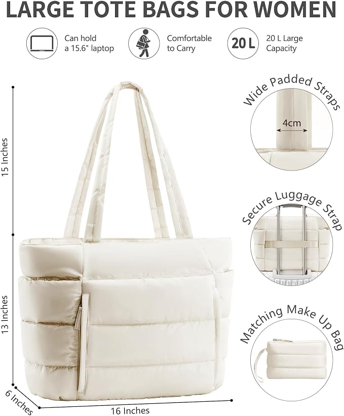 Bagstellar Puffer Tote Bag for Women, Lightweight Puffy Work Handbag Teacher Nurse Quilted Shoulder Bag for School Travel Gym | Cloud Bag w/ Zipper