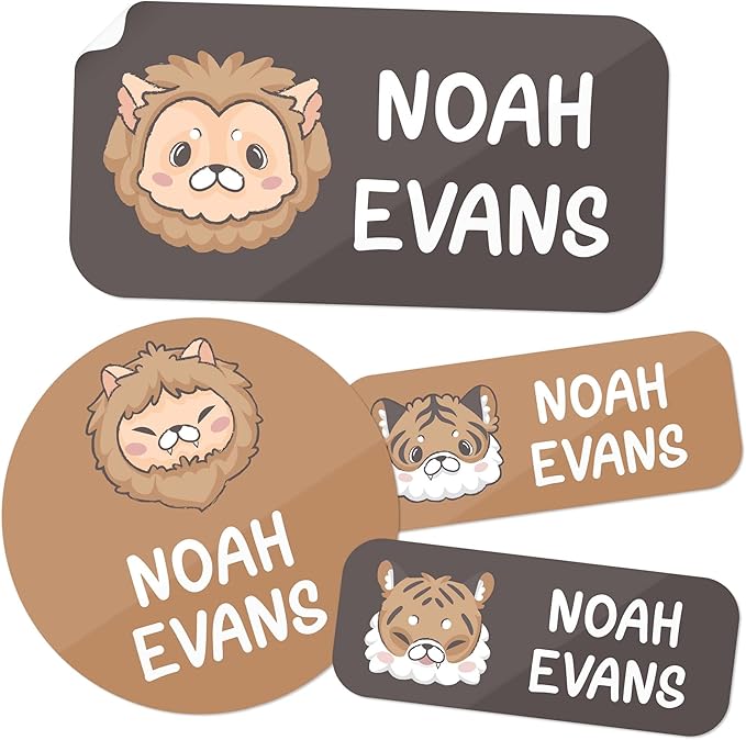 Personalized Daycare Name Labels for Kids, (130 Pack) Waterproof Custom Name Stickers for Clothing Tags, Lunch Boxes and School Supplies, Made in USA by MSC -Lion