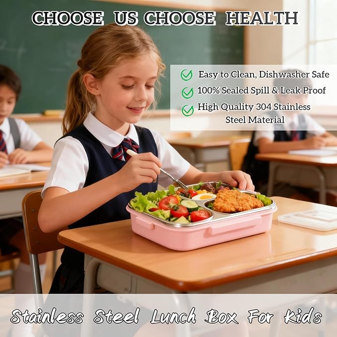 Stainless Steel Bento Box for Kids, 3-Compartment Leakproof Lunch Box, 18/8 Food-Grade Metal Lunch Container with Lid, 25oz Portable School Lunchbox for Girls, Pink
