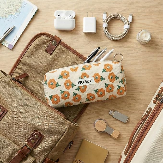 Soft Corduroy Pencil Case Pen Pouch Organizer, Small Stationery Bag | Cute beige plum blossoms pencil pouch, smooth zipper, daily cosmetics holder, compact organizer for school teen girls, women