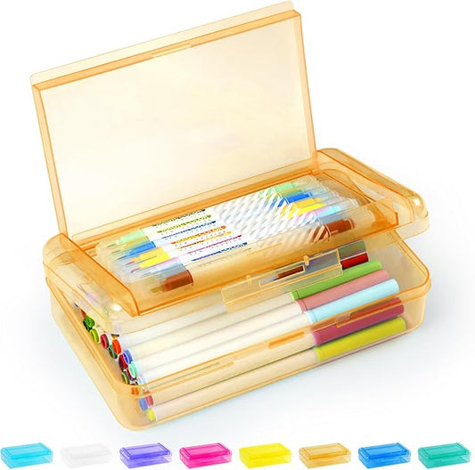 Sooez Double Layer Pencil Box, Large Hard Pencil Case Organizer, Clear Plastic Crayon Box for Girls and Boys, Colored Marker Organizer, Small Plastic Containers/Bins with Lids, Art Supply Storage