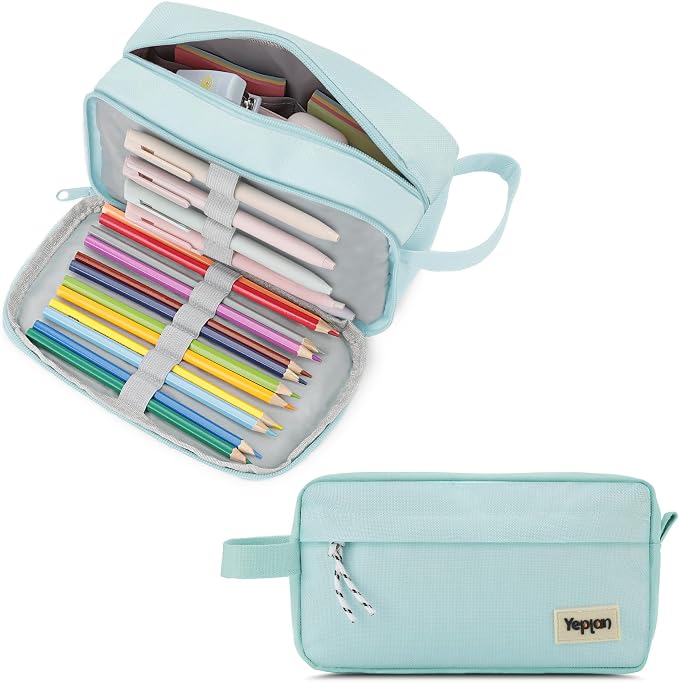Yeplan Mint Green Pencil Case with Handle,Large Capacity Pencil Pouch | 3 Compartments Pencil Bag,Cute Pencil Case with Zipper,Stationery Storage for Teen and Adult,Pencil Case For Girls