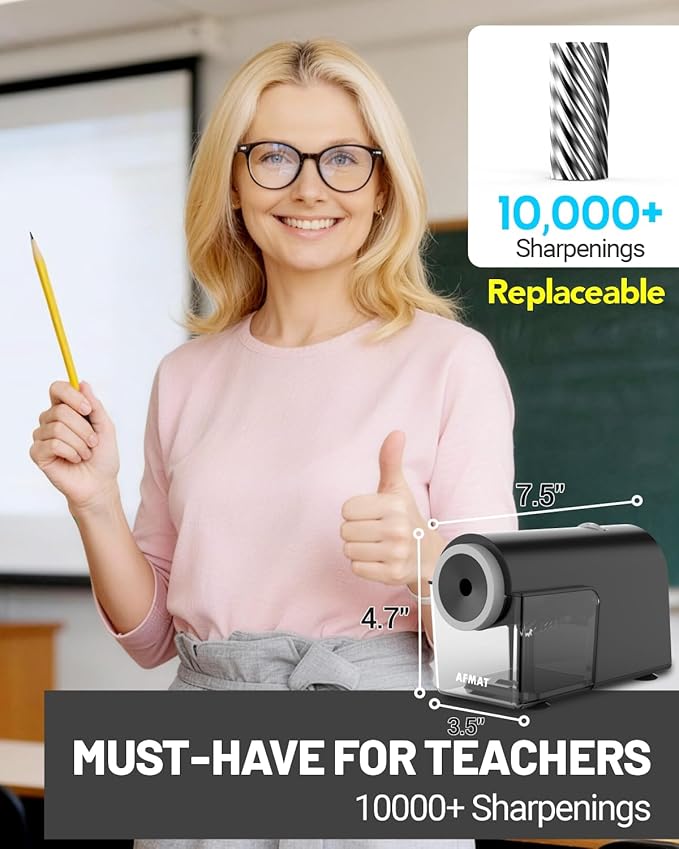 AFMAT Electric Pencil Sharpener, Fully Automatic Pencil Sharpener for 6.5-10.5mm No.2/Jumbo/Colored Pencils, Auto in & Out, 5 Sharpness Modes, 10000+ Sharpenings for Classroom Home Office, PSC5(120V)