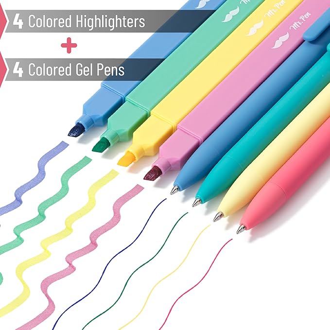 Mr. Pen- Aesthetic Highlighters and Gel Pens, 8 Pack, Candy Colors Bible Highlighters No Bleed, Fine Point 0.7mm Gel Pens, Fast Dry and No Smear for Bible Journaling, Planner, School Supplies