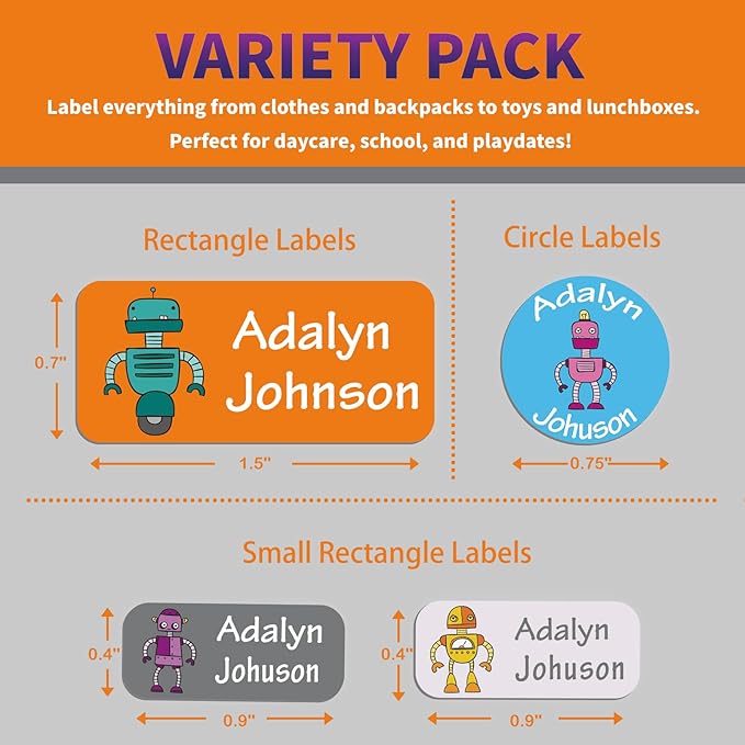 Custom Personalized Name Labels for Kids-(200-1000Labels) Waterproof Name Stickers Tags for School&Daycare,Clothing Tags,Washable&Durable Labels for Lunch Boxes, Bottles,Toys&GEA (Robots)