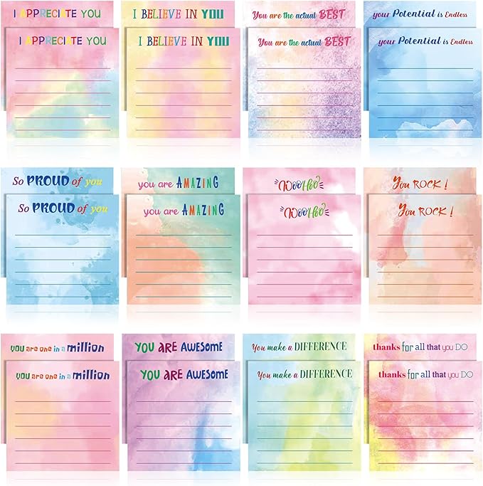 Yinder 24 Pcs Inspirational Sticky Notes Cute Motivational Sticky Notes Pad End of Year Employee Appreciation Gifts Bulk for Teacher Nurse Coworkers Office Supplies 3 x 3'' (Appreciation,Watercolor)