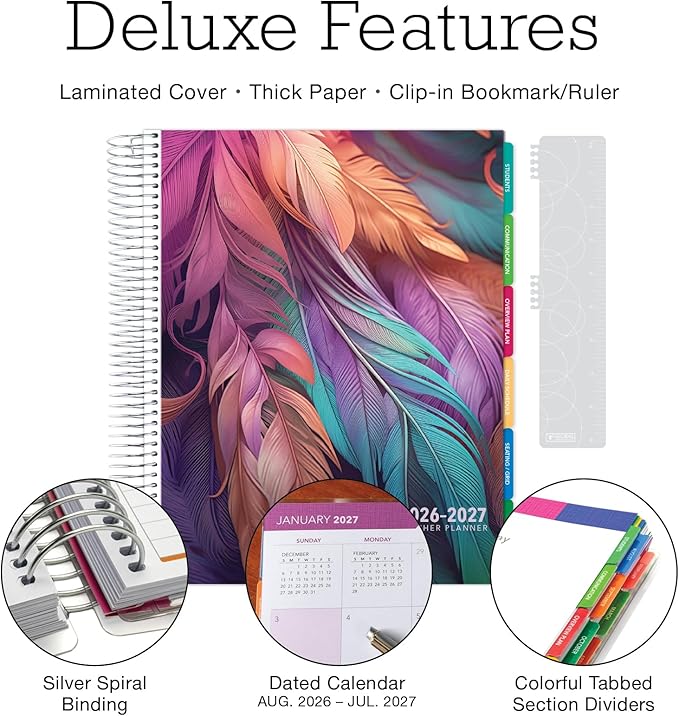 DELUXE TEACHER PLANNER Aug 2026-Jul 2027 8.5x11 Daily Weekly Monthly Organizers with 7 Periods, Pocket Folder, Dated Calendar, Page Tabs, Bookmark and Planning Stickers (Pastel Peacock)