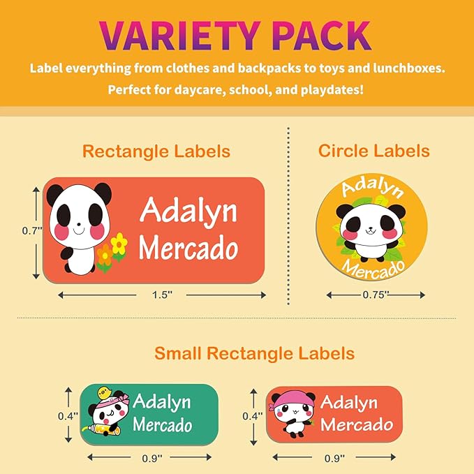 Custom Personalized Name Labels for Kids-(200-1000Labels) Waterproof Name Stickers Tags for School&Daycare,Clothing Tags,Washable&Durable Labels for Lunch Boxes, Bottles,Toys&GEA (Panda)