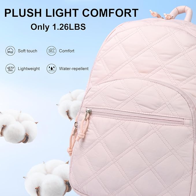 Backpack for Women Travel Bag: 15.6 Inch Laptop Backpacks Quilted College Bookbag Lightweight Casual Daypack Water-Resistant Computer Backpacks for Students Teacher Work Pink