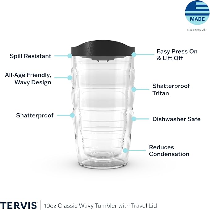 Tervis Clear & Colorful Lidded Made in USA Double Walled Insulated Tumbler Travel Cup Keeps Drinks Cold & Hot, 10oz Wavy, Blue Lid