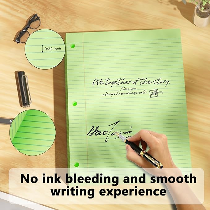 Green Loose Leaf Paper 100 Sheets Colored Filler Paper 8 * 10.5 College Ruled 3-Hole Punched for 3-Ring Binders Notebook Lined 8" x 10.5"
