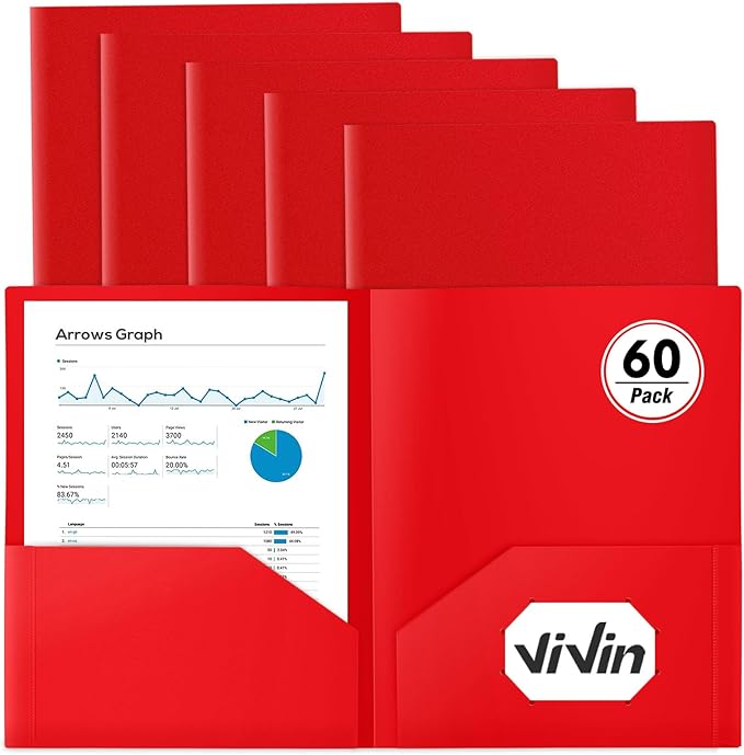 ViVin 60-Pack Red Plastic Folders with Pockets, Two Pocket Folders, Plastic Pocket Folders for School, Office and Home