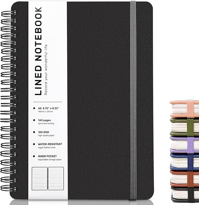 ABERLLS Lined Spiral Journal Notebook with 160 Pages, 8×5.7in, A5 Spiral Notebook, Journaling Notebooks for Work, School, Women, Men, College Ruled Spiral Notebook, Hardcover Leather Journals, Black