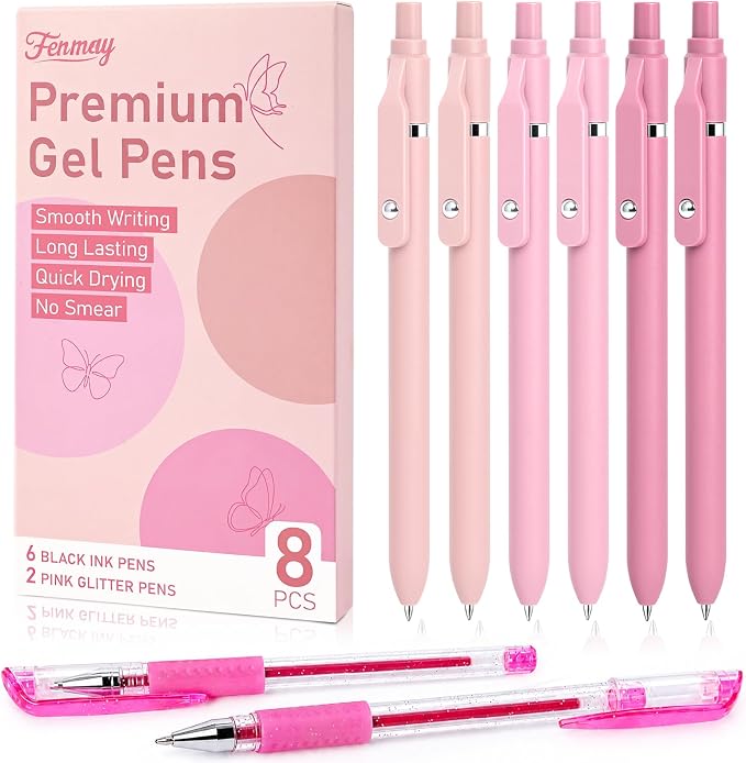 Fenmay 8 Pcs Gel Pens with Black & Pink Ink, 0.7mm Fine Point Smooth Writing Pens, Quick Dry & No Smudge, Cute Aesthetic Back-to-School Office School Supplies Gifts for Women & Students