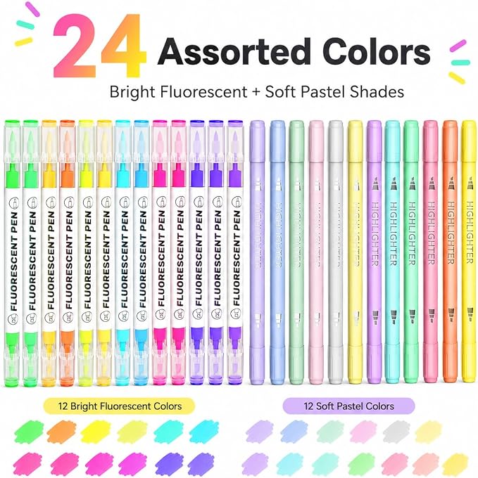 Highlighters, 24 Assorted Colors Highlighters Pens, Broad and Fine Tips Pastel Highlighter Marker Pens, Bible Highlighters No Bleed for Journaling, Students School Office Stationery | Dual Tip Chisel & Fine Point Bible Highlighters Pastel & Vibrant Sha...