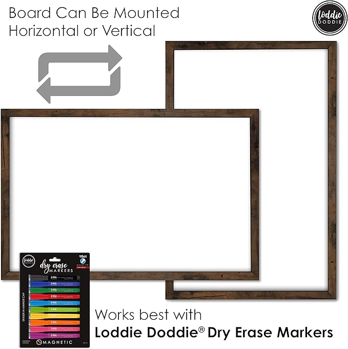 Loddie Doddie Magnetic Whiteboard - 24 x 36 in Rustic Wood Frame - Magnetic Dry Erase Board for Wall - Big White Board for Home Office - Built-in Marker Tray & Message Center
