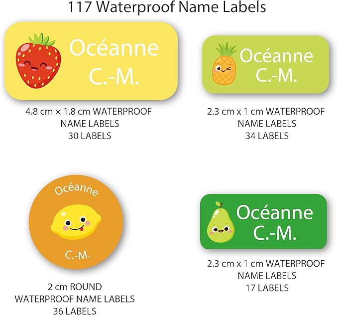 Personalized Kids Name Labels – Waterproof Custom Stickers for Daycare & School, 117 Pack, Dishwasher & Laundry Safe (Fruit)