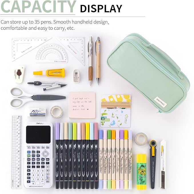 EASTHILL Large Capacity Pencil Case Pen Pouch Organizer Canvas Pencil Bag with Handle School Supplies for Teen Girls-Green
