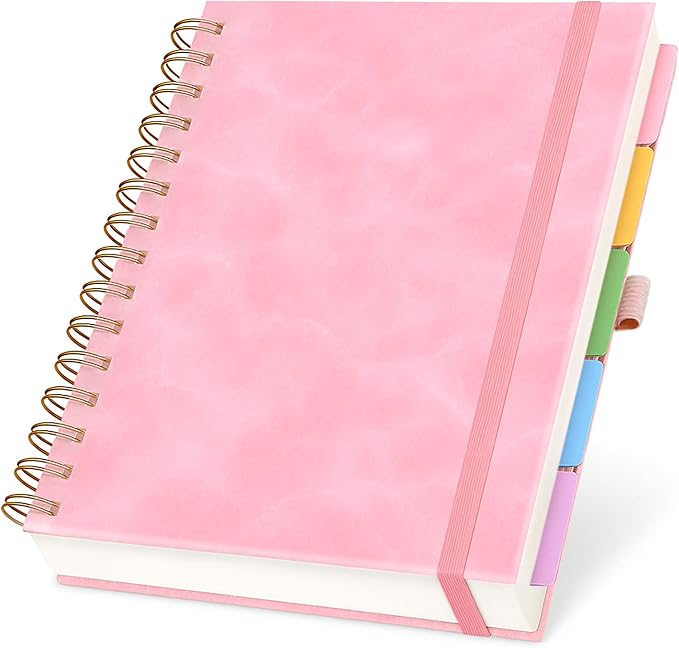 Hardcover Leather Lined Spiral Notebook 8x10" with Removable Dividers - Pink - 300 Pages 5 Subject College Ruled Notebook for Work with Tabs, Pockets, and Pen Loop for Note Taking, Large Journal