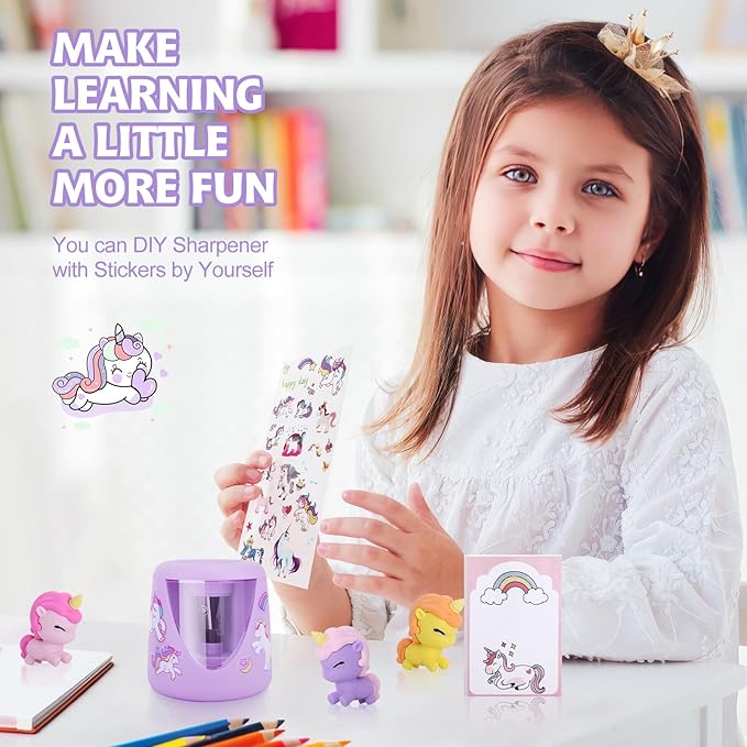 Electric Pencil Sharpeners for Kids, Cute Small Colored Pencil Sharpener for Home Classroom, Pencil Sharpener Electric Plug in, with Unicorn School Supplies,Purple