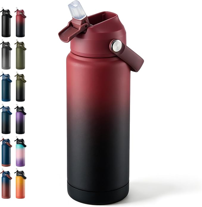 Fijinhom 24 oz Insulated Water Bottle with Straw Lid, Stainless Steel Water Bottles, Double Wall Vacuum, Portable Handle & Non-slip Bottom, BPA Free Leak Proof Metal Bottles, Keep Cold 24H, Red/Black
