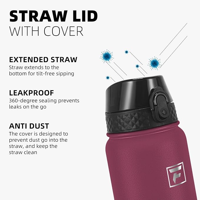 Fanhaw 32 Oz Kids Insulated Stainless Steel Water Bottle with Straw Lid, Leakproof & Anti-Dust Everyday Use Bottle for School, Women & Men, Back to School Essentials (Red Black)
