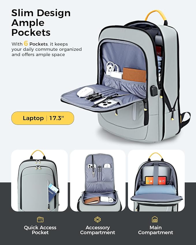 Slim Laptop Backpack for Men, 17.3 Inch Expandable Business Travel Backpack with USB Charging Port, 1.76Lbs Lightweight Work Computer Bag, 600D Waterproof Durable Backpack, Grey