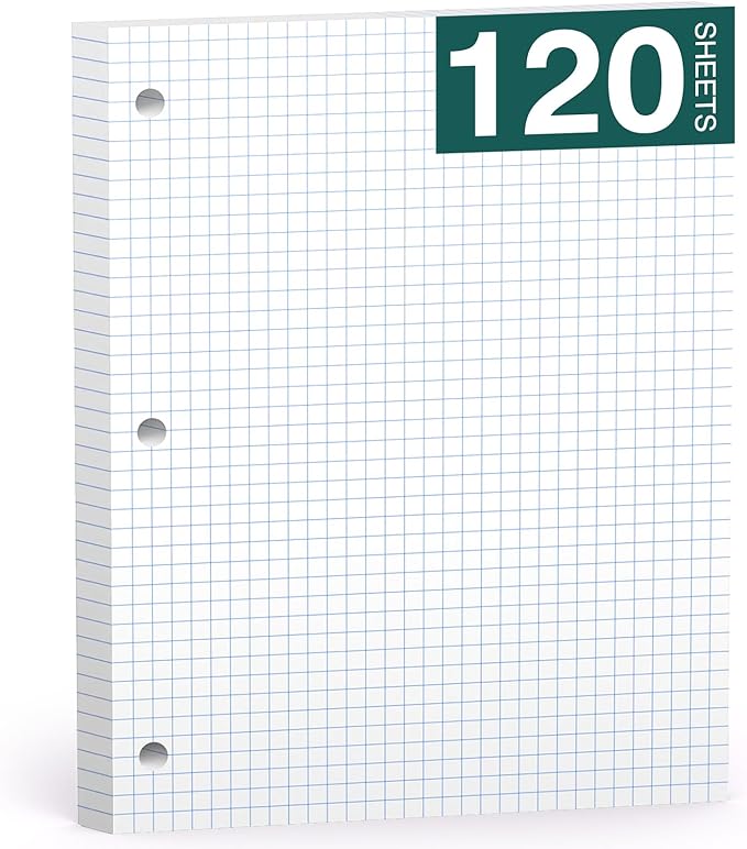 Loose Leaf Graph Paper Notebook 8 X 10.5, 120 Sheets Graphing Paper Note pads，3 Hole Punched，4x4 Quad Ruled Grid Writing Pads, 10-1/2" X 8 Binder Filler Paper For, Engineering, Office, School