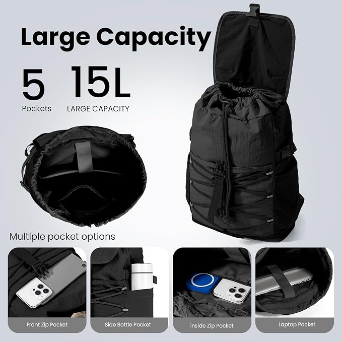 Travel Backpack for Women Men, Basics Bag fits 16'' Laptop | Outdoor Lightweight Waterproof Drawstring Nylon Casual Daypack Walking Hiking