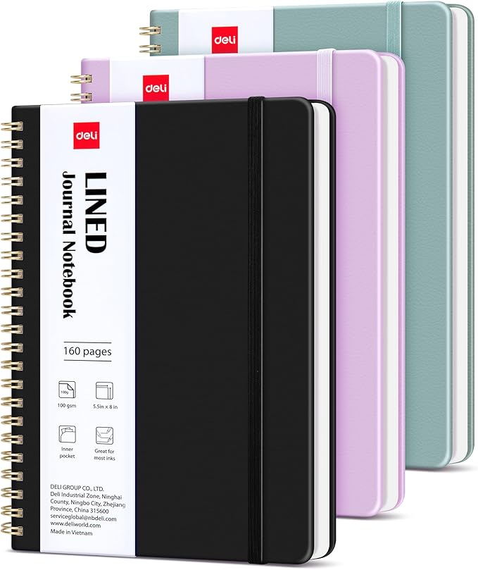 deli 3 Pack Lined Spiral Journal Notebook, 160 Pages, A5 (5.5"x8") Hardcover Writing Notebook, College Ruled Spiral Bound Journal for Women & Men - Perfect for Work, School, Office & Note Taking