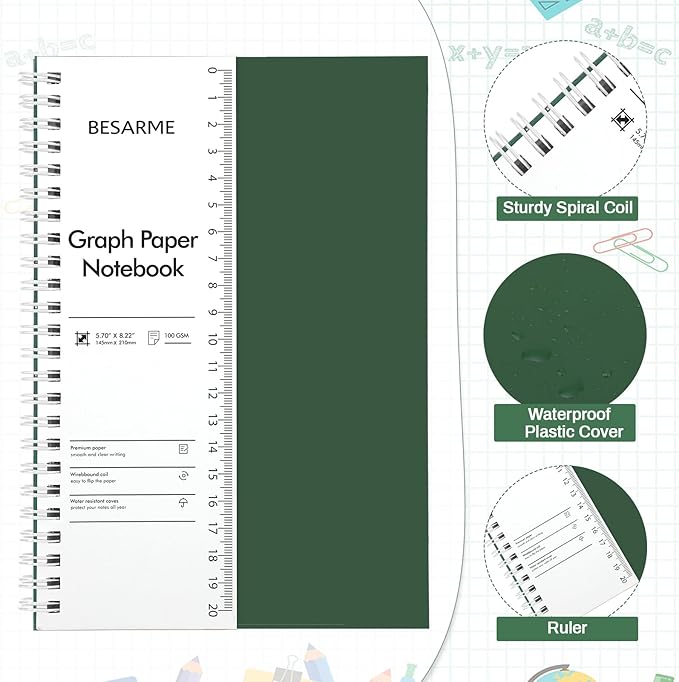 BESARME 4 Pack Graph Paper Notebook A5 Grid Paper Notebooks Waterproof Plastic Graphing Spiral Journal 5.7" x 8.22" Engineering Notebooks for Work School Supplies, 640 Pages 100 GSM