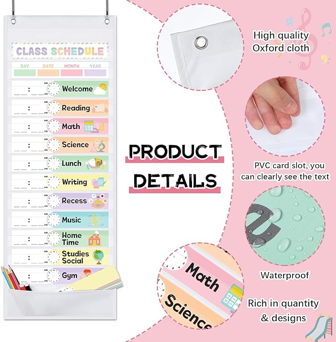 Kolldenn Daily Schedule Pocket Chart, 13+1 Scheduling Pocket Chart with 32 Pieces Reusable Cards Visual Schedule for School Office Home Preschool Activity(Pastel)
