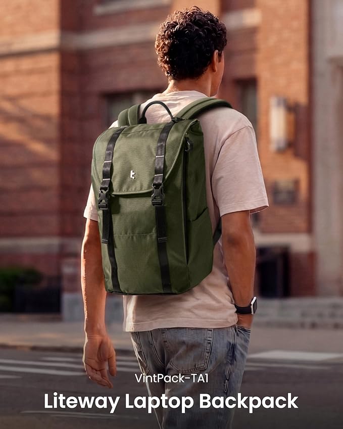 tomtoc Flap Laptop Backpack, Lightweight, Water-Resistant Casual Daypack, Durable Work-pack, Vintage Classic Rucksack for 13-16 Inch Laptop, perfect for Campus, Street, 22L