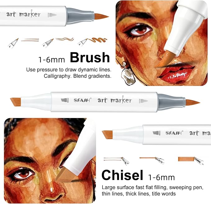 SFAIH Skin Tone Alcohol Markers Brush & Chisel [25 Diverse Portrait Colors]